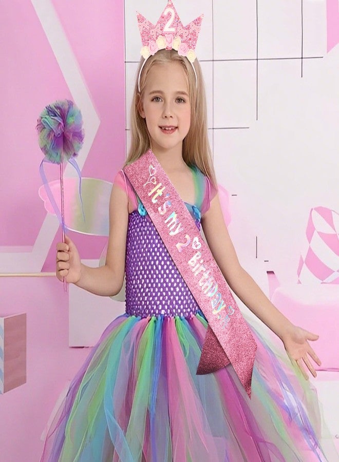 SuPoo 2nd Birthday Sash and Headband Flower 2nd Birthday Decorations for Girl Pink Bow Crown for Girls 2 Sash Princess Tiara Glitter Hair Band 2 Year Old Party Decorations Outfit Gift - Image 2